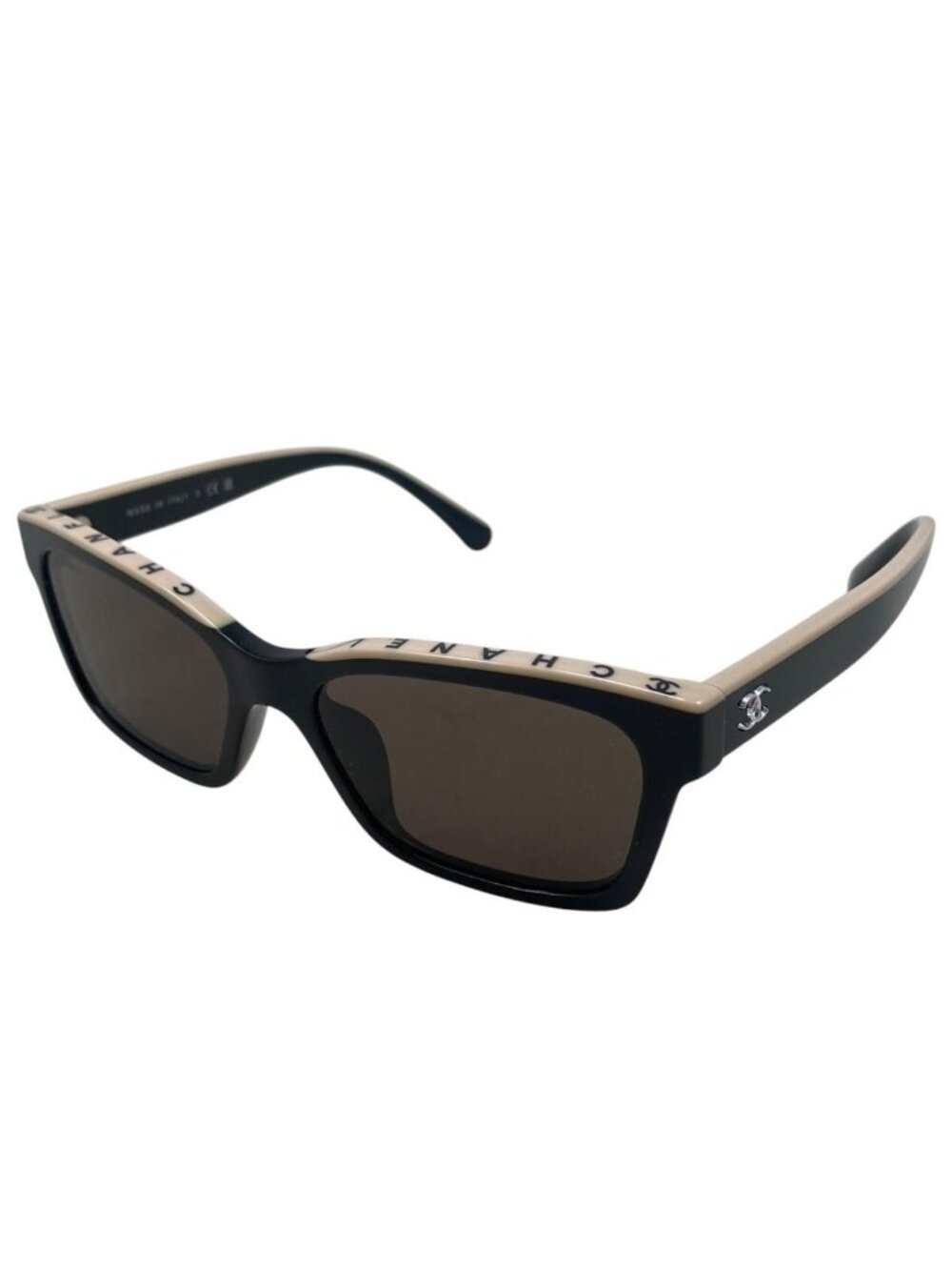Chanel Sunglasses Square Shape Black White Logo CC Silver Eyewear